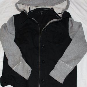Black Denim with gray jersey sleeves and hood